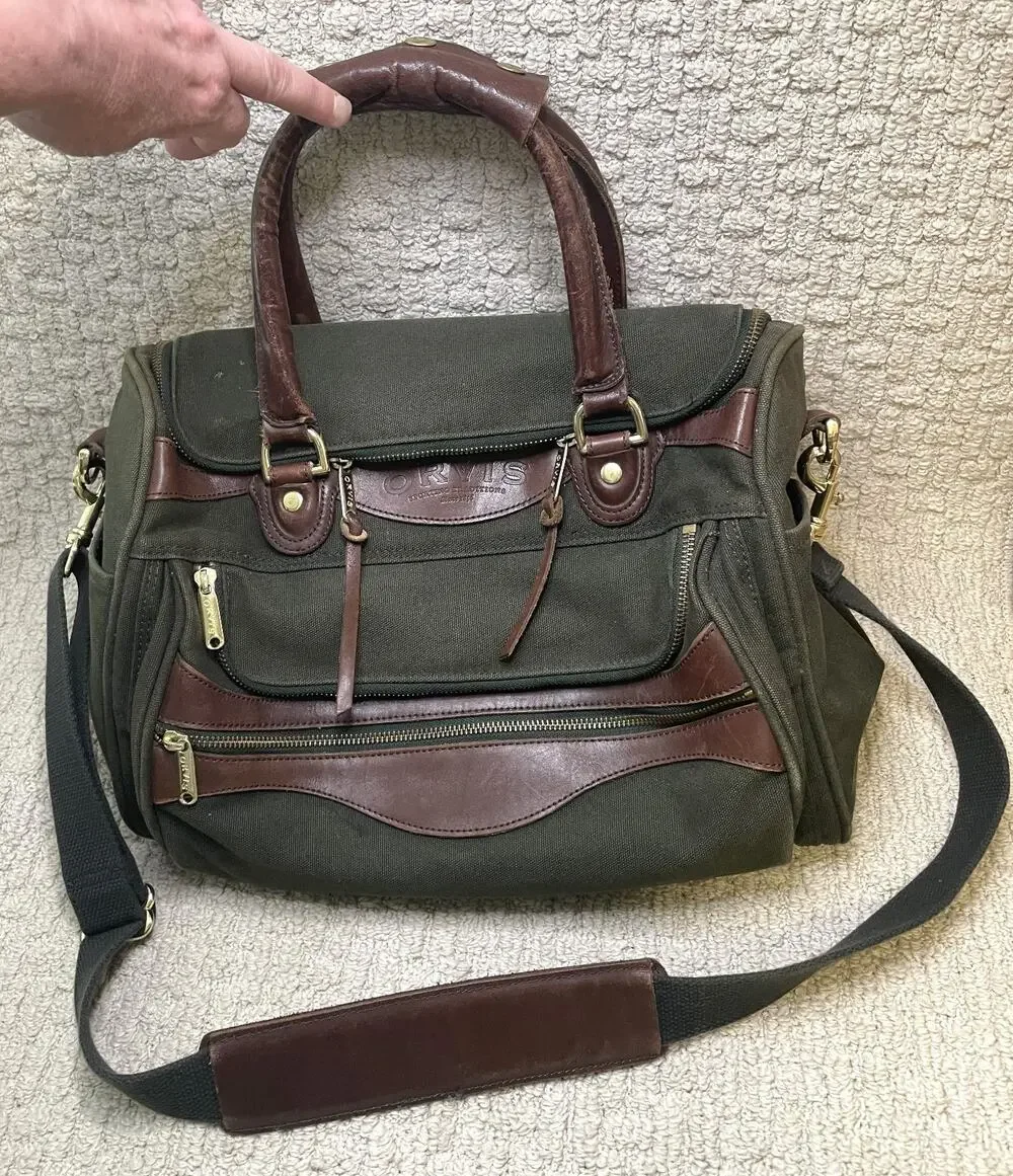 Orvis Bag Fly Fishing Water Resistant Lining Battenkill Olive Canvas Leather